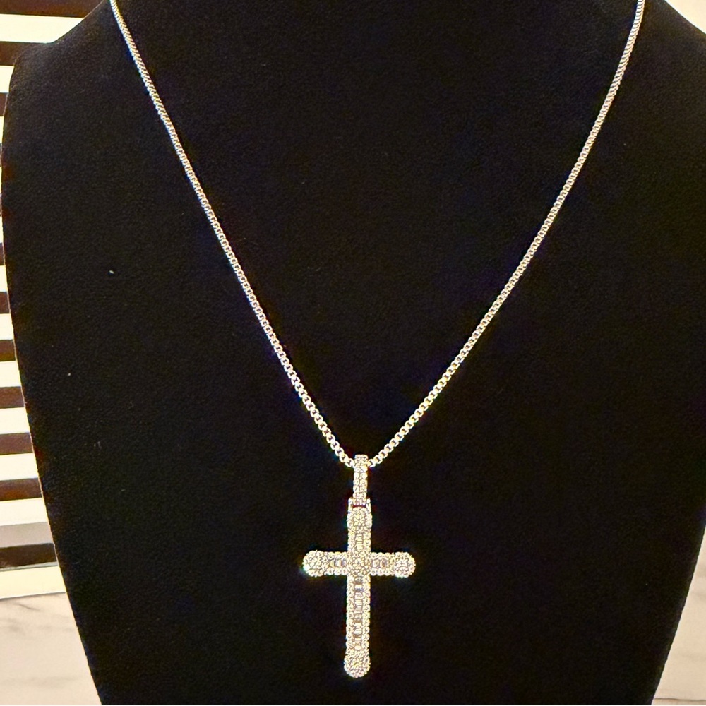 Sterling Silver Cross Pendant Necklace with Baguettes